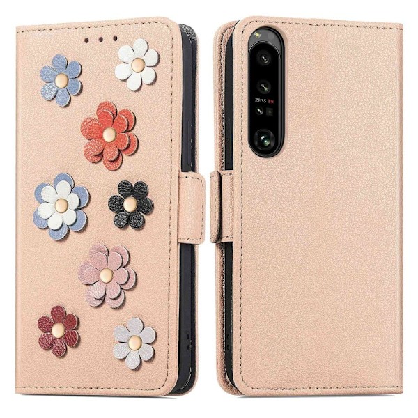 Pehmeä kukkakoristelu nahkakotelo Sony Xperia 1 IV - Khaki Brown