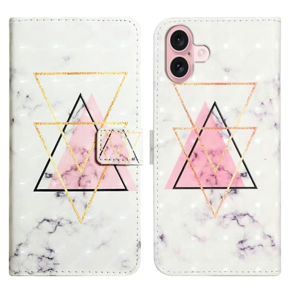 iPhone 16 Etui 3D Creative Pattern Vegansk Læder Stand Phone Cover - Trekantet Kugle Pink