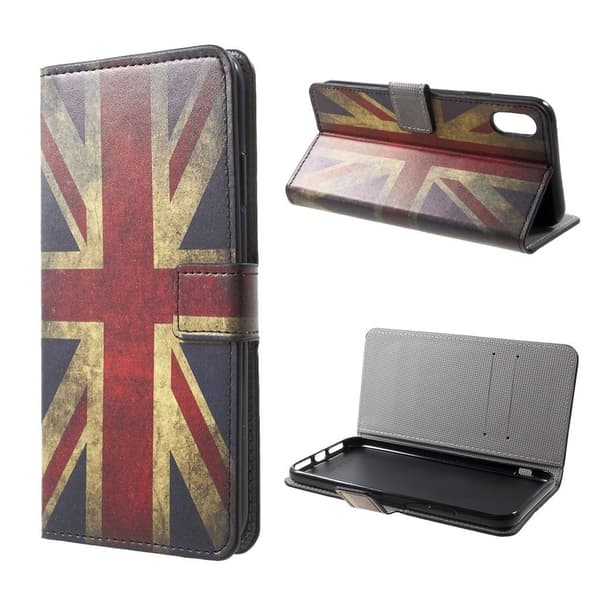 iPhone Xs Max læder flip cover med mønsterprint - Retro Uk Flag Multicolor