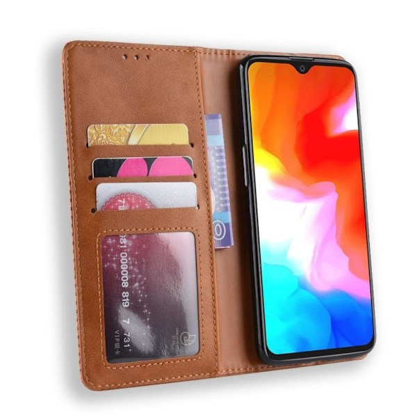 OnePlus 6T vintage stil læder flip etui - Brun Brown
