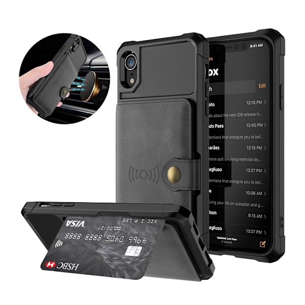 iPhone Xr silikoonimuovinen takasuoja kuori synteetti nahaka lompakolla missä magneetti - Musta Black