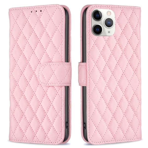 BINFEN COLOR iPhone 11 Pro Max 6.5 inch BF Style-14 Imprinted Rhombus Pattern Vegansk Læder Wallet Case Adjustable Stand Matte Protective Phone Shell Pink
