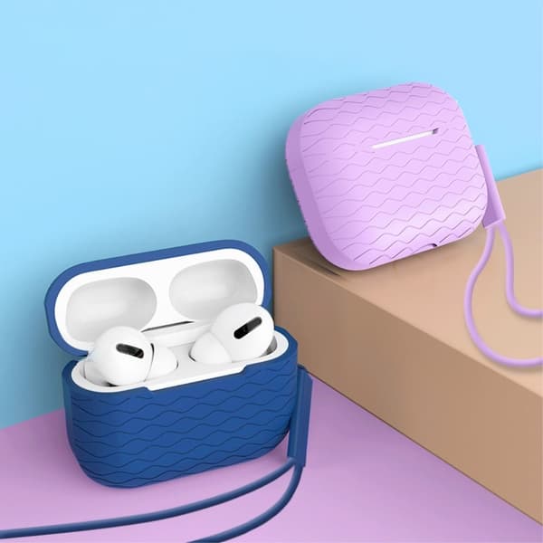 AirPods Pro 2 silikonetui med bølgetextur og stropp - Gråblå Blue