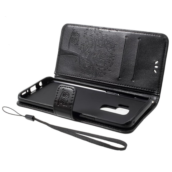 Samsung Galaxy S9 Plus stemplet Træ ugle beskyttende PU læder flip etui - Sort Black