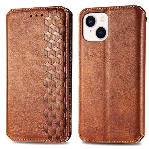 Nahkakotelo With A Stylish Rhombus Imprint For iPhone 14 - Ruskea Brown