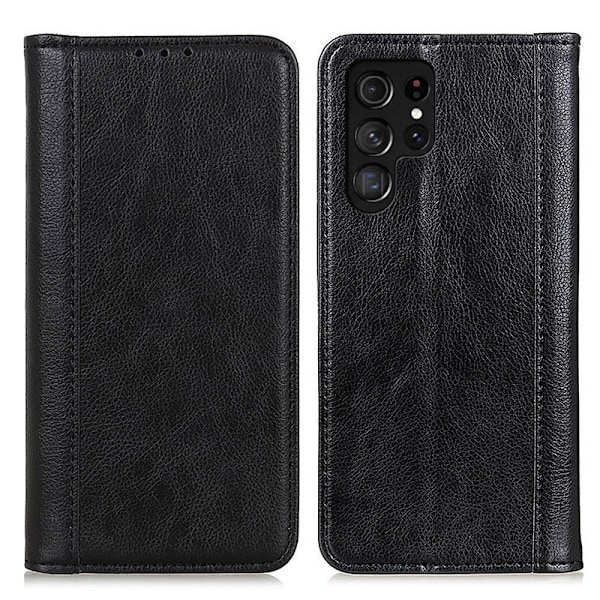 Äkta läder Samsung Galaxy S22 Ultra fodral med magnetisk stängning Svart