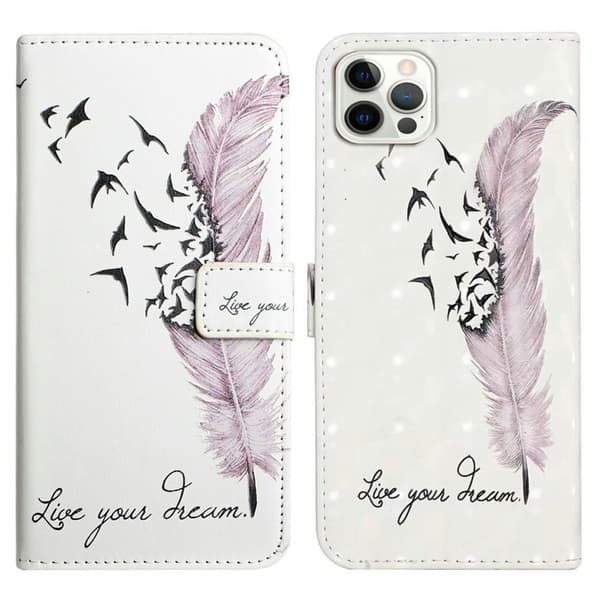 iPhone 16 Pro Max-etui Flip Wallet 3D-mønster lærdeksel - Fjær Purple
