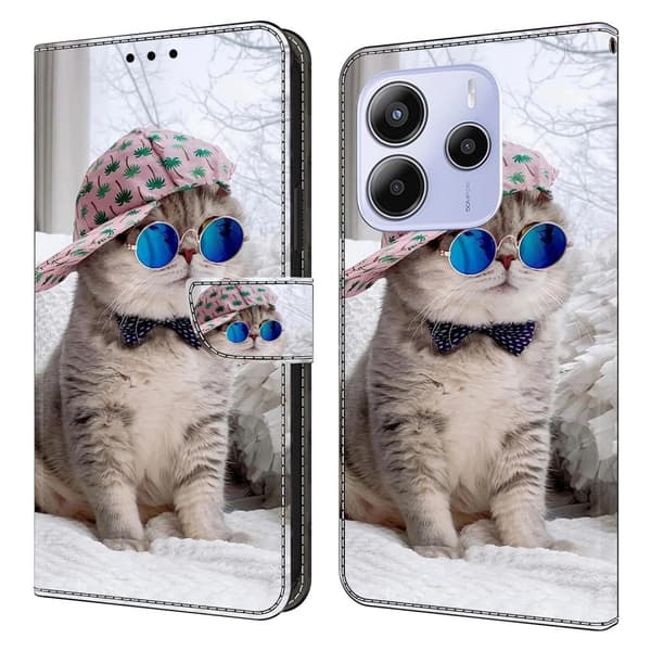 Xiaomi Redmi Note 14 5G Plånboksfodral Mönster Tryck Stativ Läder Flip Telefonskal - Hattkatt Silvergrå