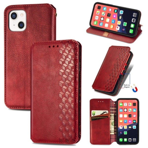 Nahkakotelo With A Stylish Rhombus Imprint For iPhone 13 Mini - Punainen Red