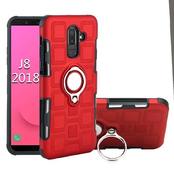 Samsung Galaxy J8 (2018) Geometrisesti Kuvioitu Hybriidi Muovinen Takasuoja Kuori Jalkatuella Ja Magneetilla - Punainen Red