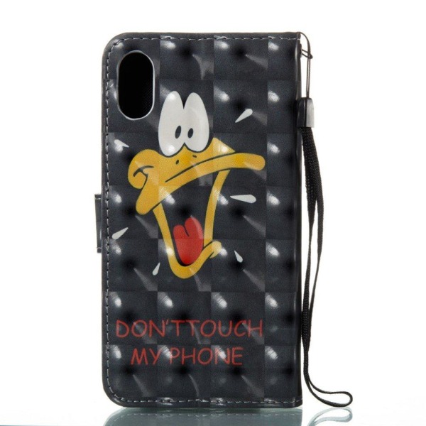 iPhone Xs Max læder flip cover med mønsterprint - Duck And Warning Words Multicolor