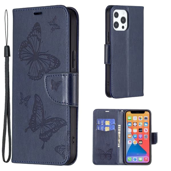 Butterfly iPhone 13 Pro Max skinnveske - Mørkeblå Blue