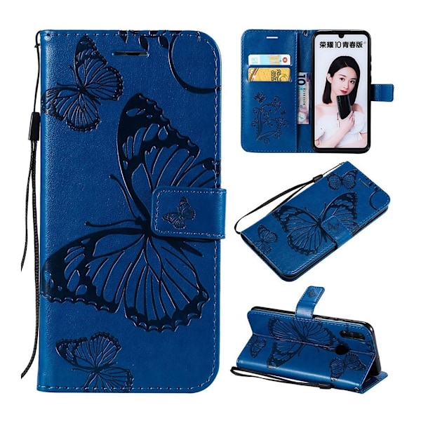 Huawei P Smart 2019 trykt sommerfugl læder flip etui - Blå Blue