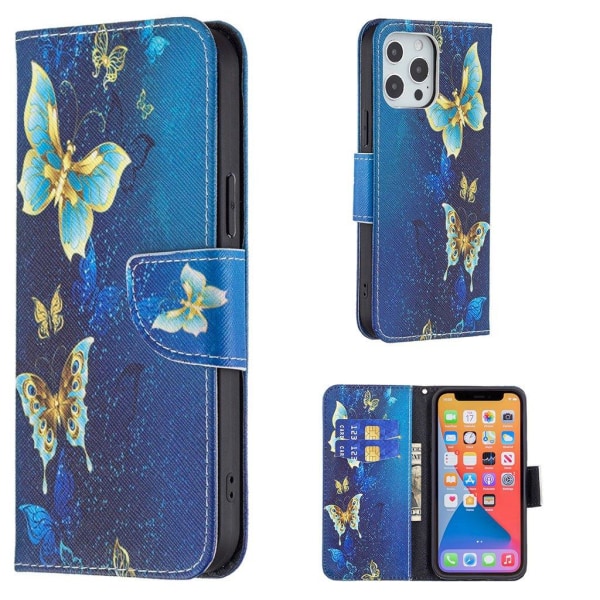 Wonderland iPhone 13 Pro Max Läppäkotelo - Golden Butterflies Blue