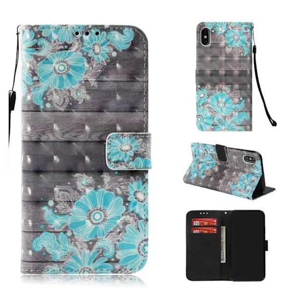 iPhone Xs Max mønstret læder flip cover - Blå Blomster Blue