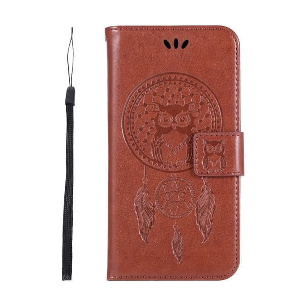 iPhone Xs Max flip cover i læder med aftryk af ugle og drømmefanger - Brun Brown