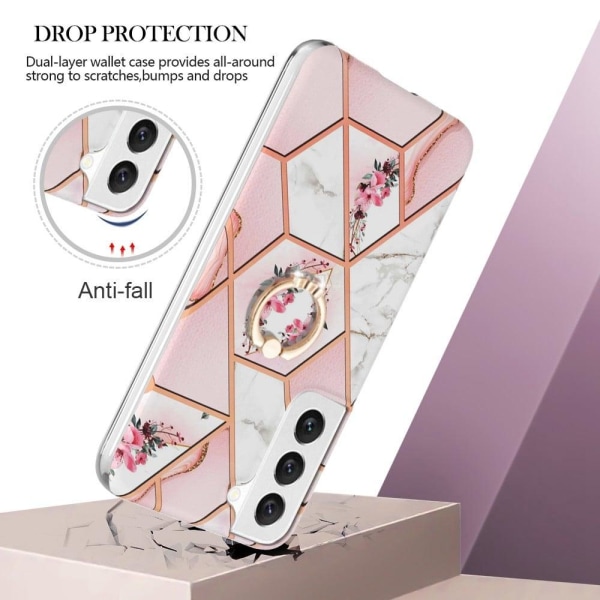 Marble Mønstret Cover med Ring Holder til Samsung Galaxy S22 - Lyserøde Blomster Pink