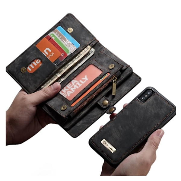 iPhone XS CASEME 2in1 haljais nahkainen lompakko suojakotelo missä useat kortti paikat ja kolikko tasku - Musta Black