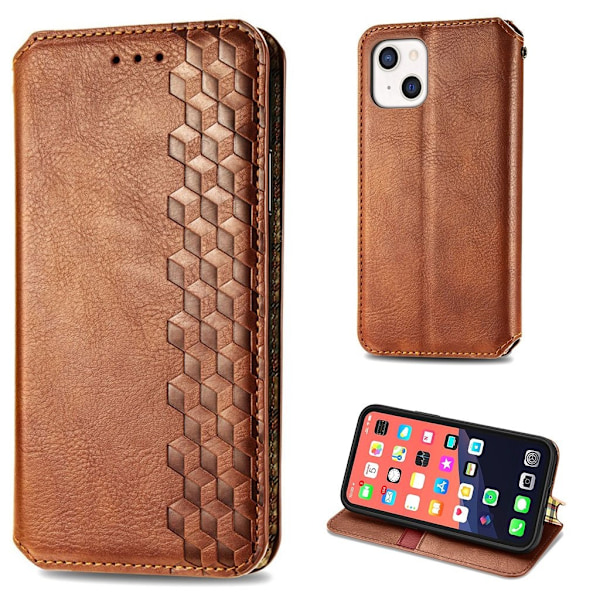 Nahkakotelo With A Stylish Rhombus Imprint For iPhone 13 - Ruskea Brown