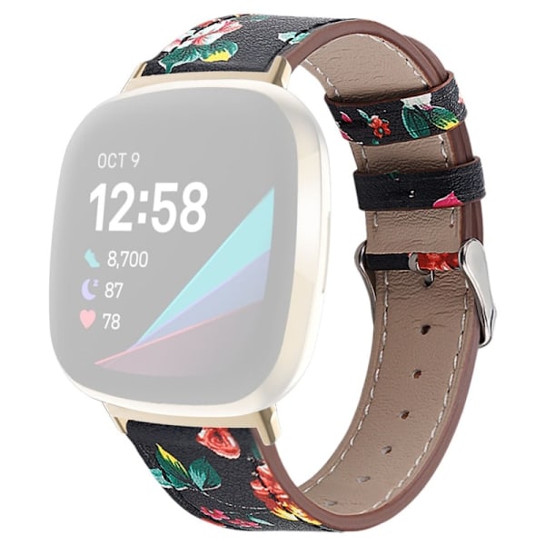 Aitoa nahkaa Fitbit Sense 2 / Versa 4 - Musta / Punainen Kukka Red