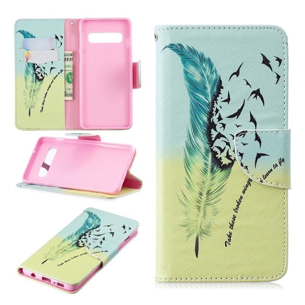 Samsung Galaxy S10 trykt mønster læder flip etui - Fjer Multicolor