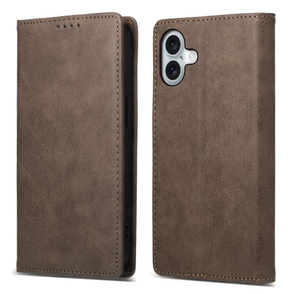 DF-05 iPhone 16 Plus-etui RFID-blokerende vegansk læderpung-telefon cover - Brun Brown