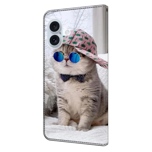 iPhone 16 Etui med pung Mønster print Stand Leather Flip Phone Cover - Hat Kat Silver grey