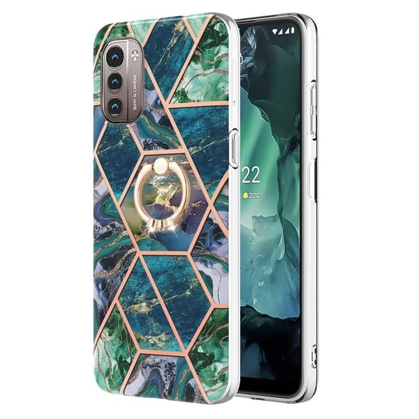 Marble Mønstret Deksel med Ring Holder til Nokia G11 / G21 - Blå / Grønn Blue
