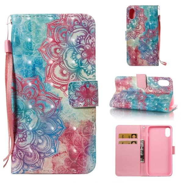 iPhone Xs Max læder flip cover med mønsterprint - Lotus Multicolor