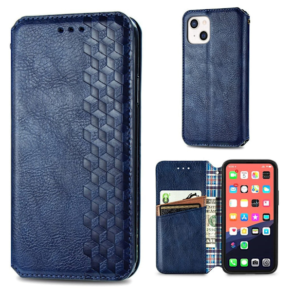 Läder iPhone 13 Mini fodral med romb-design - Blå Blå
