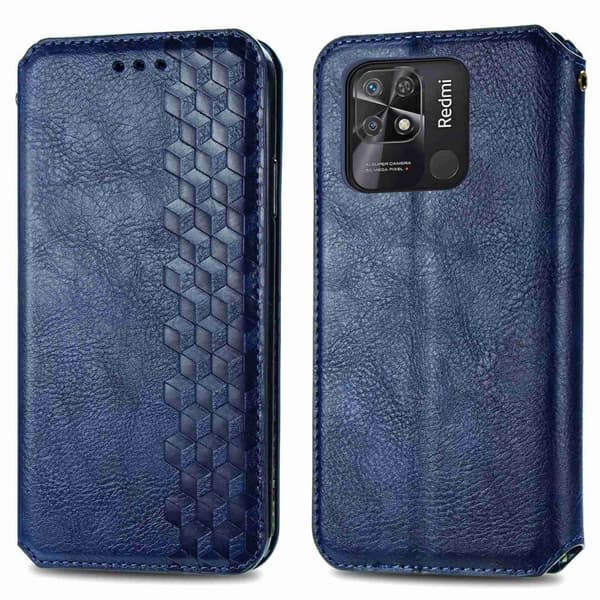 Læder Etui med A Stilfuldt Rhombus Tryk til Xiaomi Redmi 10C - Blå Blue