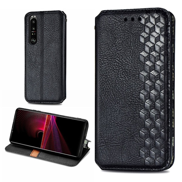 Nahkakotelo With A Stylish Rhombus Imprint For Sony Xperia 1 III - Musta Black