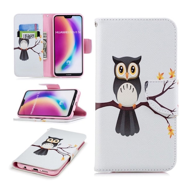 Huawei P20 Lite/Nova 3e mobilfodral PU läder material skyddande stående plånbok mönster på - Uggla på gren multifärg