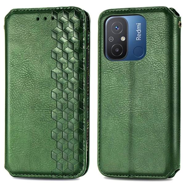 Læder Etui med A Stilfuldt Rhombus Tryk til Xiaomi Redmi 12C / 11a - Grøn Green