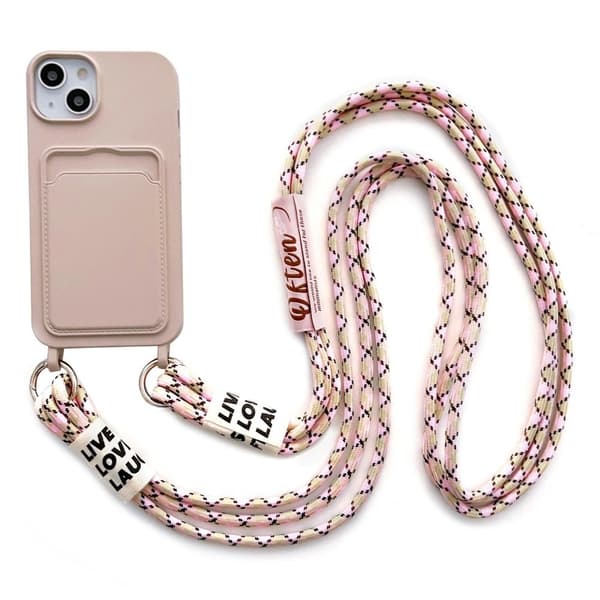 iPhone 14 Plus-silikondeksel med kortspor og snorstropp - Rosa Pink