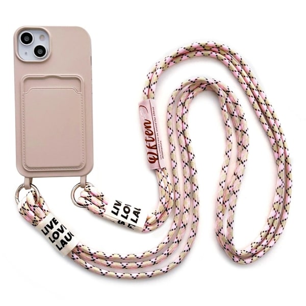 iPhone 14 Plus silikonisuojus korttipaikalla ja hihnalla - Pinkki Pink