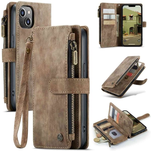 CaseMe iPhone 14 Plus etui med lynlås og pung - Brun Brown
