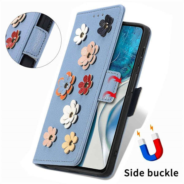 Blødt Motorola Moto G52 læderetui med blomsterdekoration - Blå Blue