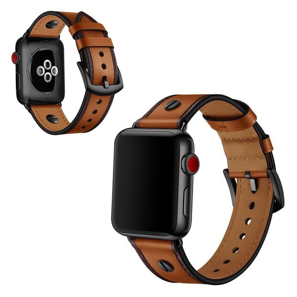 Apple Watch Series 5 44mm nitte dekorations ægte læder Urrem - Brun Brown