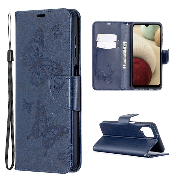 Butterfly Samsung Galaxy A12 5G Flippetui - Blå Blue
