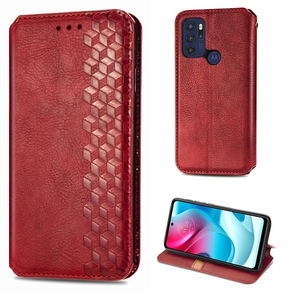 Nahkakotelo With A Stylish Rhombus Imprint For Motorola Moto G60s - Punainen Red