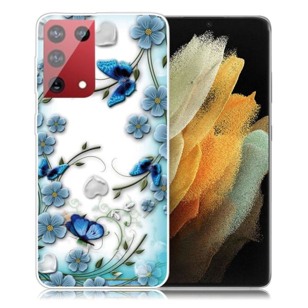 Deco Samsung Galaxy S21 Ultra etui - blå sommerfugl og blomster Blue