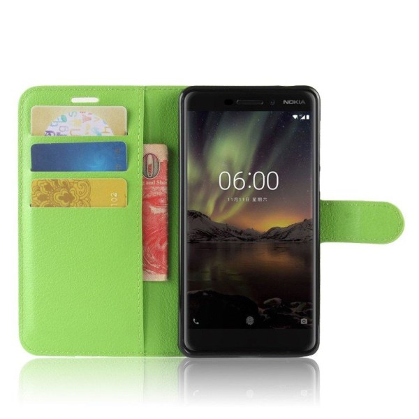 Nokia 6 (2018) litchi tekstur PU læder flip etui - Grøn Green