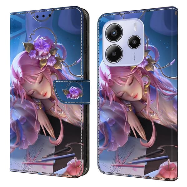Xiaomi Redmi Note 14 5G Plånboksfodral Mönster Tryck Stativ Läder Flip Telefonskal - Törnrosa Rosa