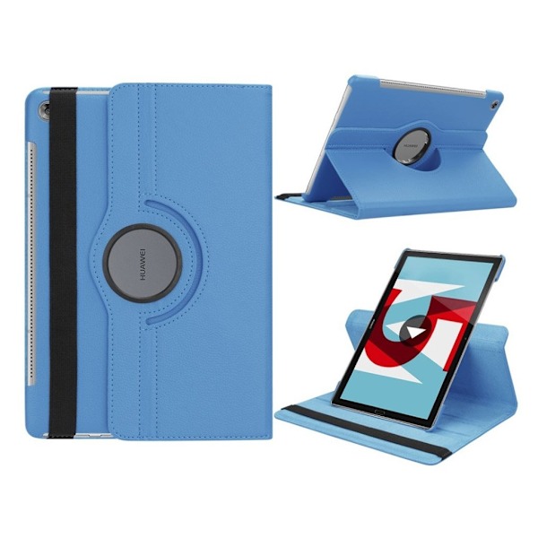Huawei MediaPad M5 10 beskyttelsesetui i kunstlæder med Litchi overflade. Med stativ og elastisk rem - Baby Blå Blue