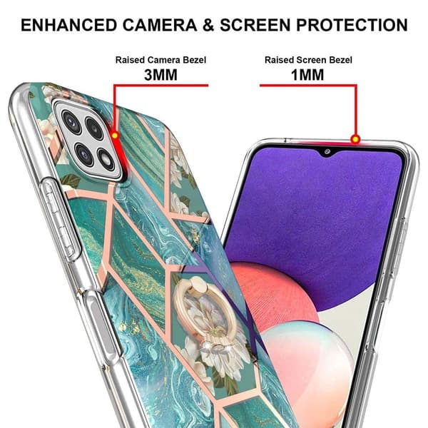 Marble Mønstret Deksel med Ring Holder til Samsung Galaxy A22 5G - Blåe Blomster Blue