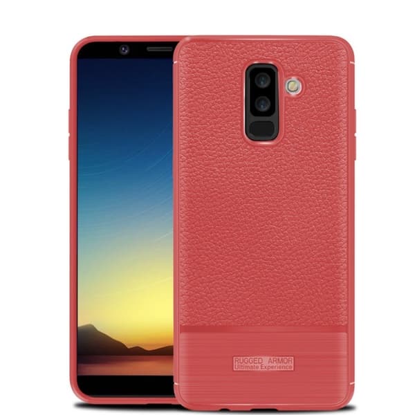 Samsung Galaxy A6 Plus etui med børstet litchi-tekstur - Rød Red