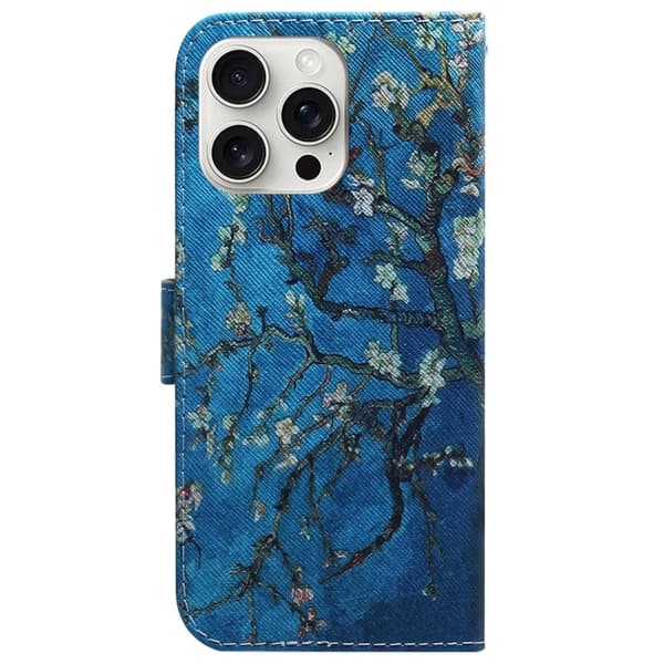 iPhone 16 Pro plånboksfodral mönster tryck läder telefonskydd - Aprikosfärgade Blommor Blå