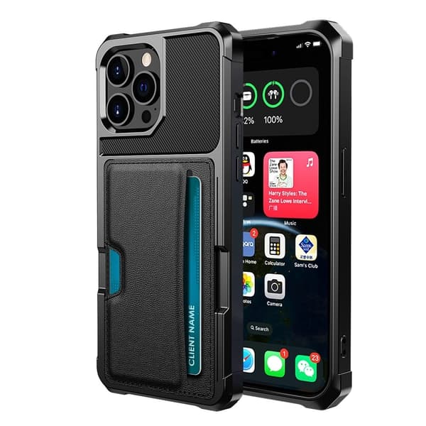 iPhone 15 Pro ZM02 Fire hjørner Drop Resistant Vegansk Læder Coated Flexible Card Holder Back Case Phone Shell Black