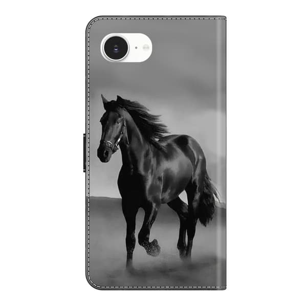 iPhone 16e Etui med magnetisk lås 3D-mønster Læderpung Telefoncover - Sort Hest Black